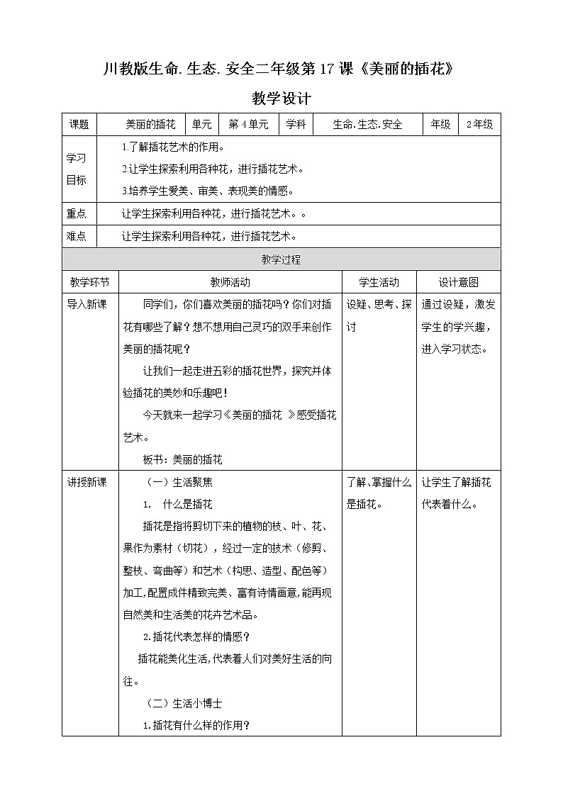 第17课《美丽的插花》 课件+教案+素材 川教版生命生态安全二年级01