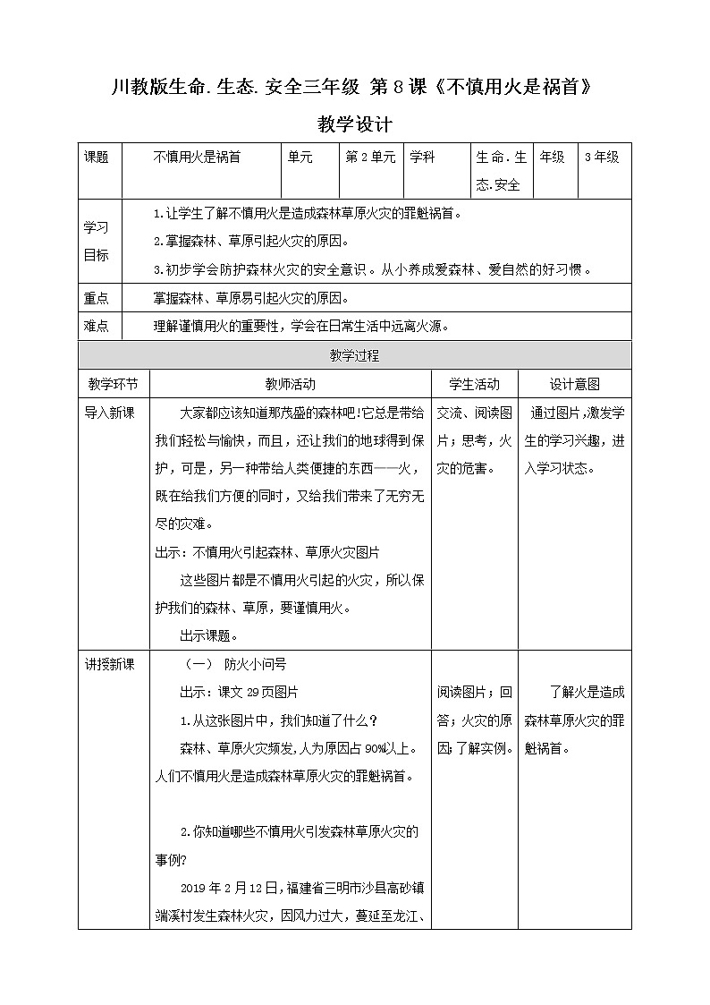 第8课《不慎用火是祸首》课件+教案 川教版生命生态安全三年级01