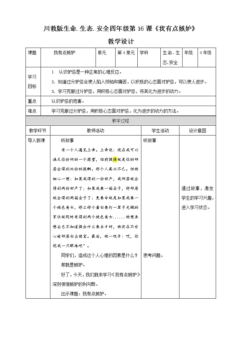 第16课《我有点嫉妒》课件+教案 川教版生命生态安全四年级01