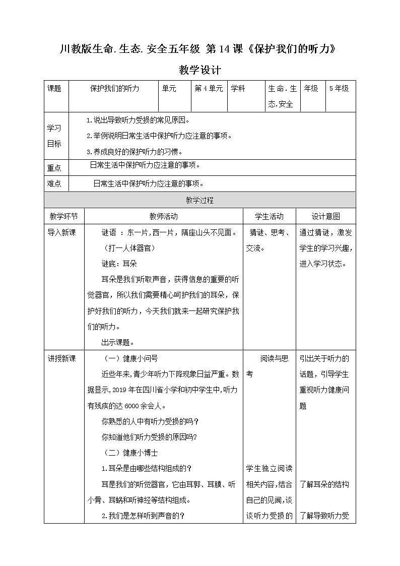 川教版五年级《生命.生态.安全》下册第14课《保护我们的听力》教学设计第1页