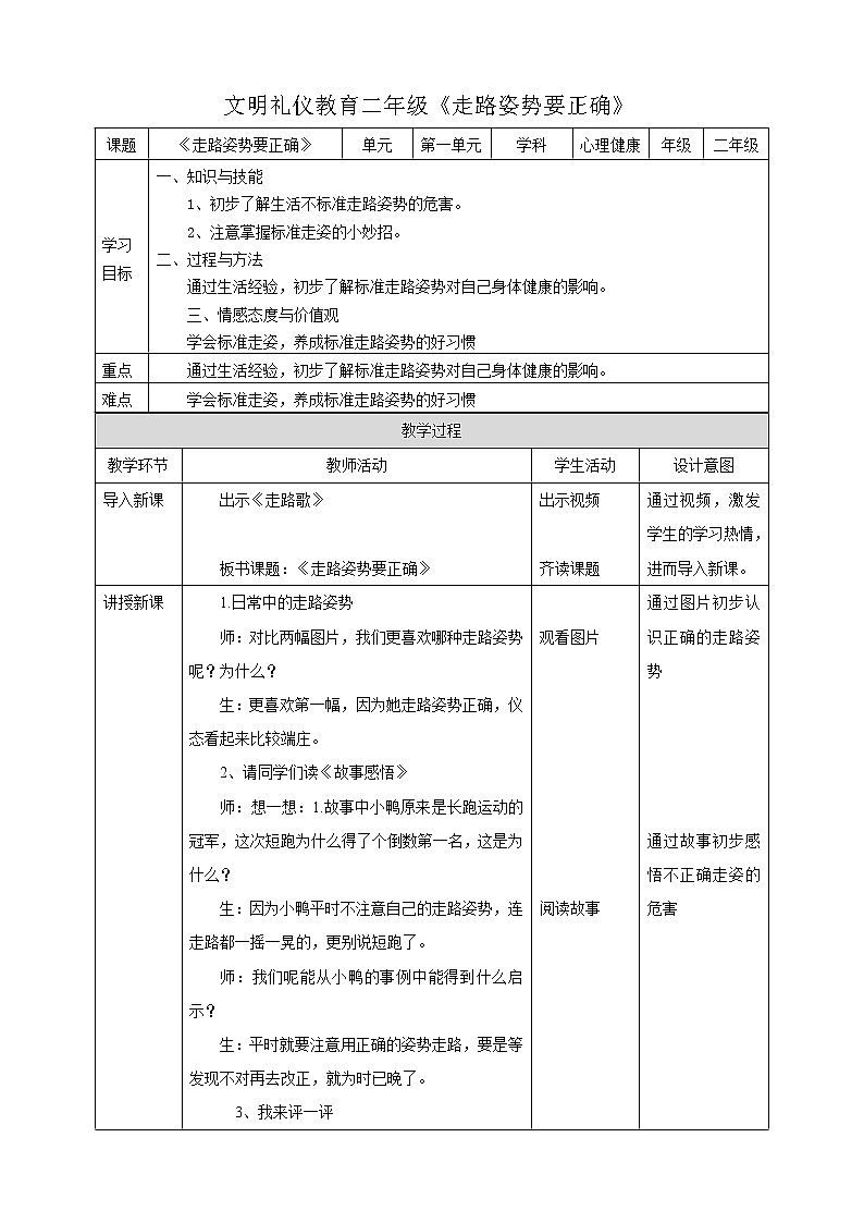 二年级文明礼仪教育第1单元第6课《走路姿势要正确》 教案第1页