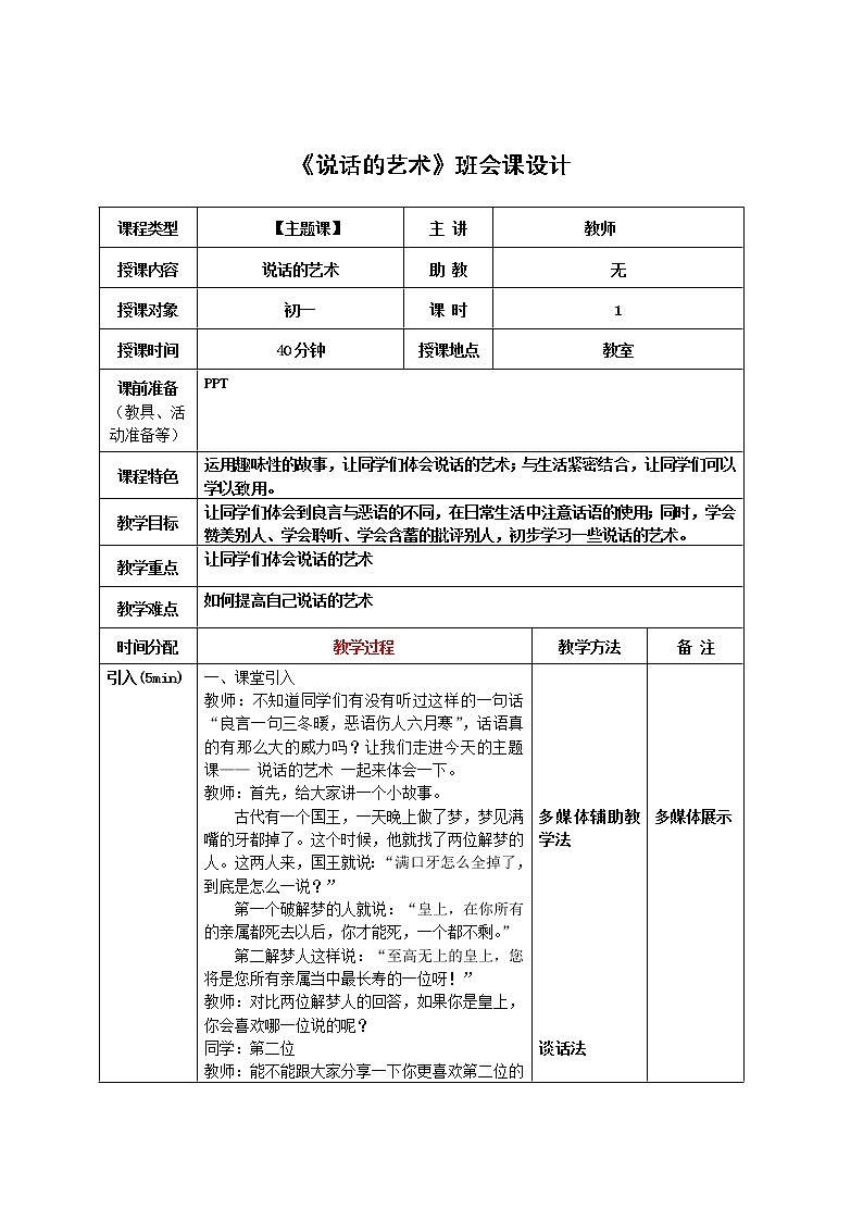 班会课《说话的艺术》班会课设计第1页