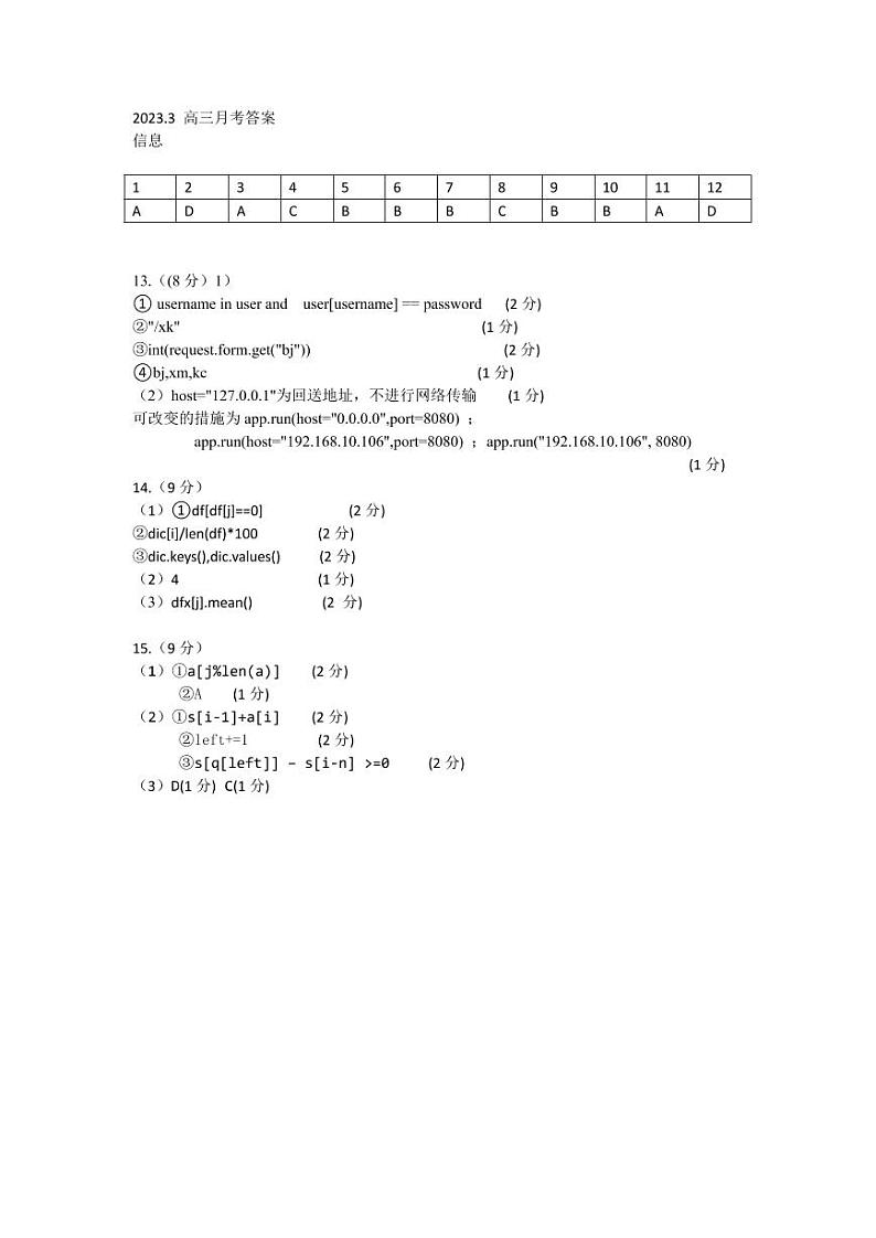 浙江省杭州第二中学2022-2023学年高三下学期3月月考技术答案第1页