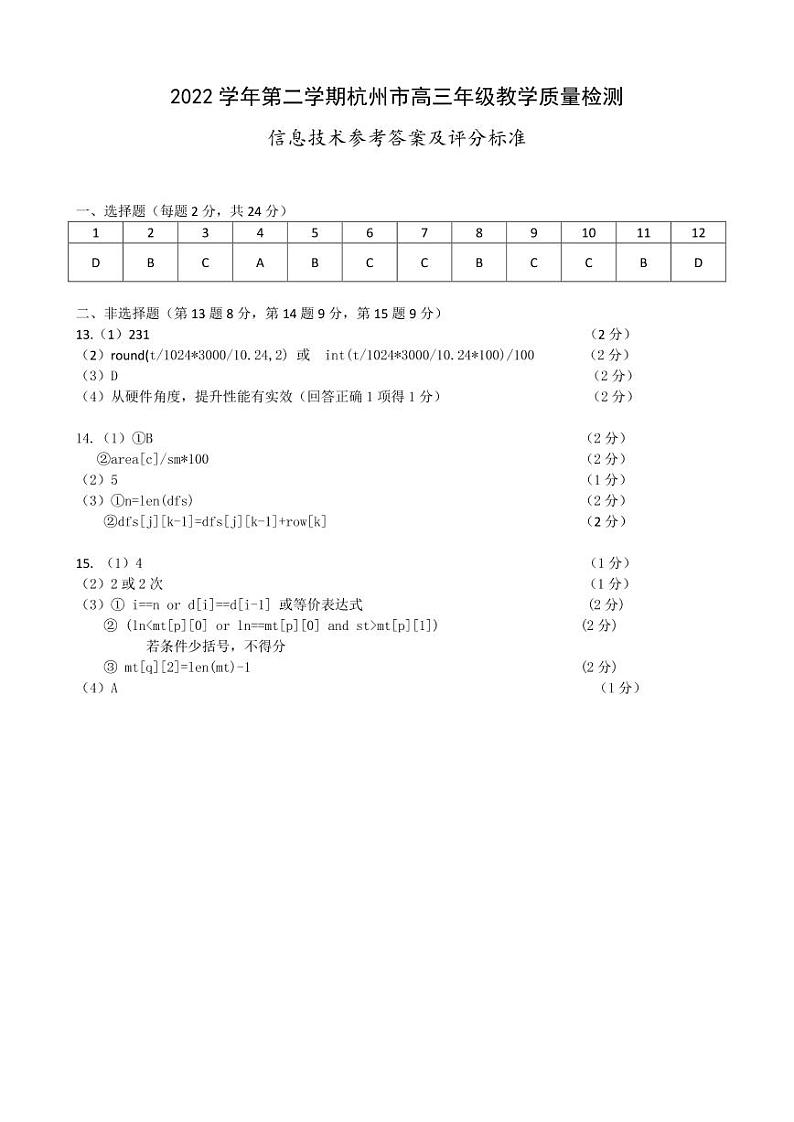 2023杭州高三下学期教学质量检测（二模）技术PDF版含答案01