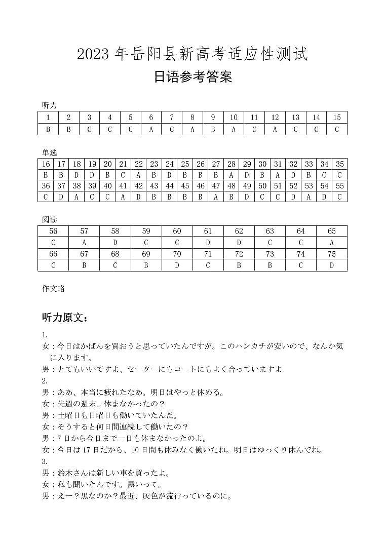 2023届湖南省岳阳市岳阳县高三下学期新高考适应性测试日语答案第1页