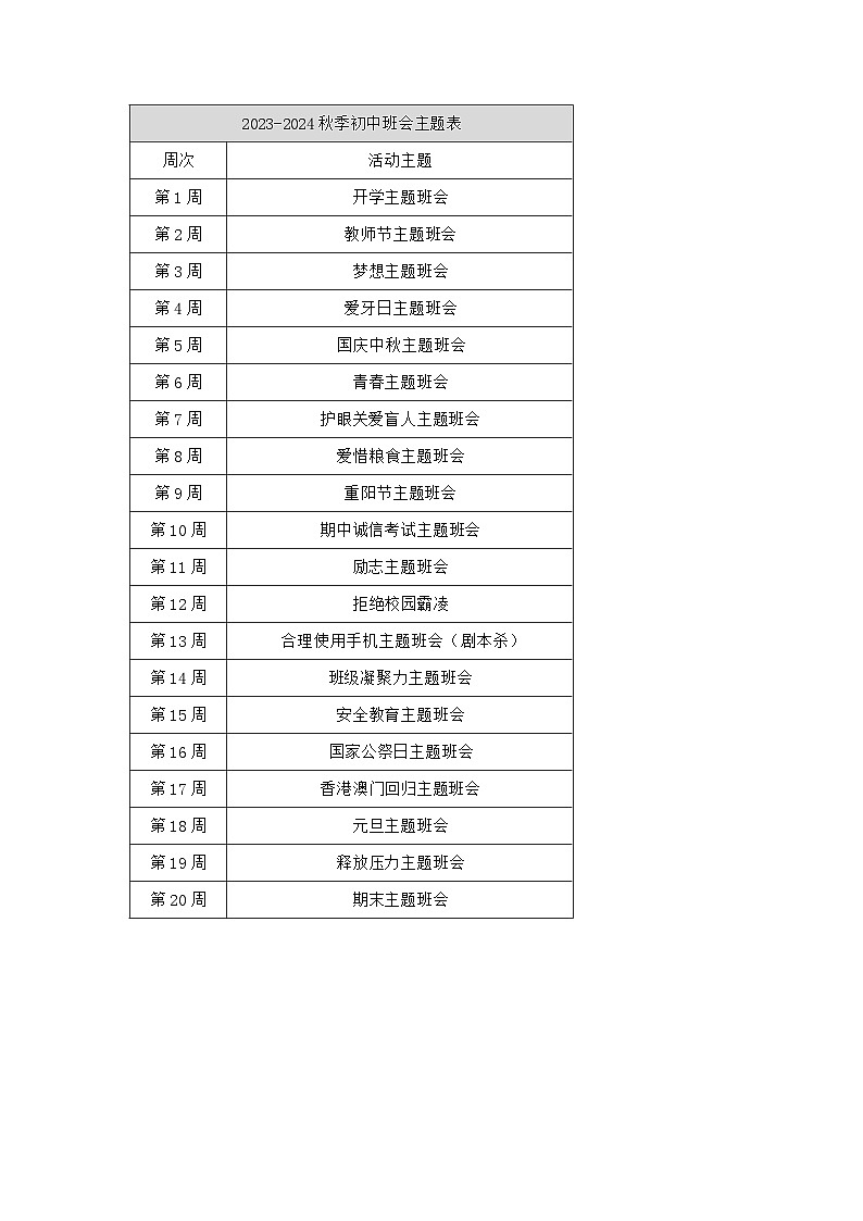 2023-2024年初中主题班会计划表第1页