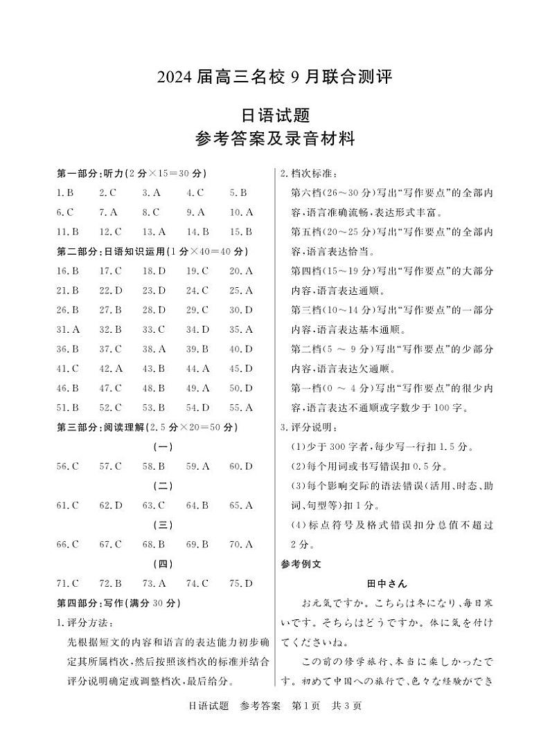2024江西省名校高三上学期9月联合测评试题日语PDF版含解析、答题卡（含听力）01