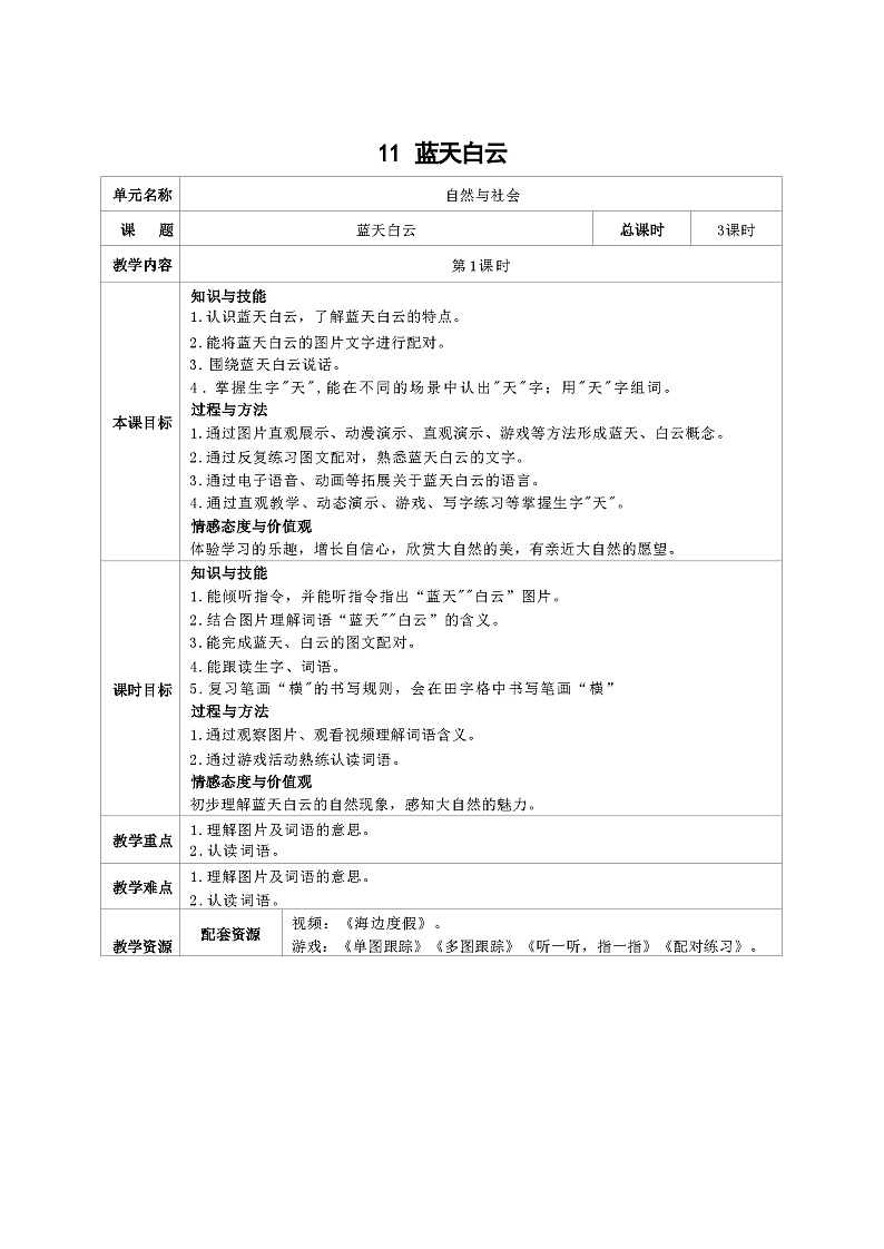 培智生活语文一年级上册第11课《蓝天白云》第1课时教案第1页