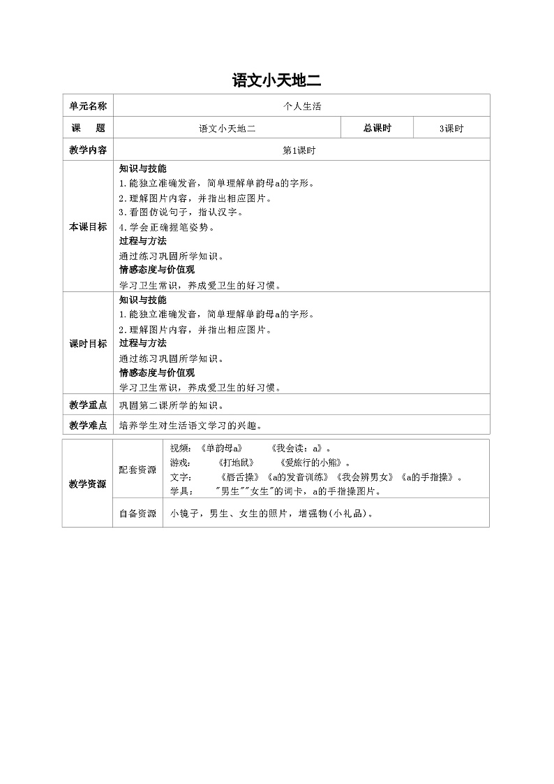 培智生活语文一年级上册《语文小天地2》第1课时教案第1页