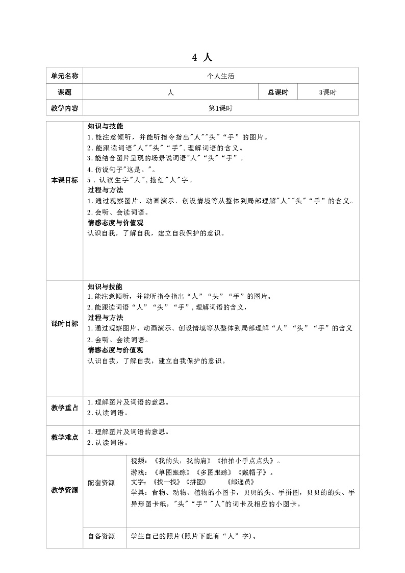 培智生活语文一年级上册第4课《人》第1课时教案第1页