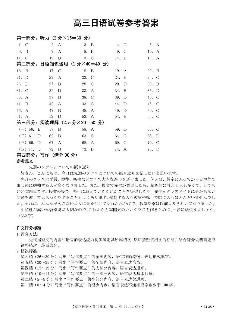 2024安康高三上学期第一次质量联考（期中考试）日语PDF版含答案（含听力）01