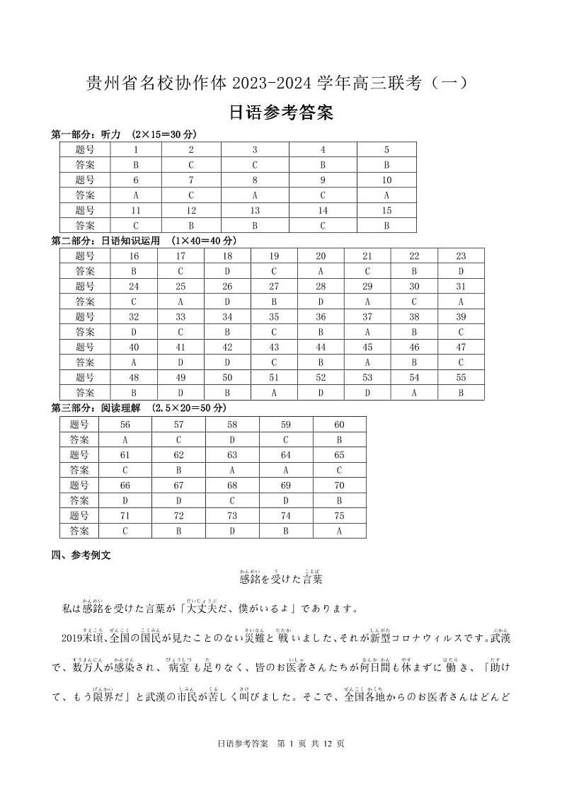 贵州省名校协作体2023-2024学年高三上学期联考（一）日语参考答案第1页