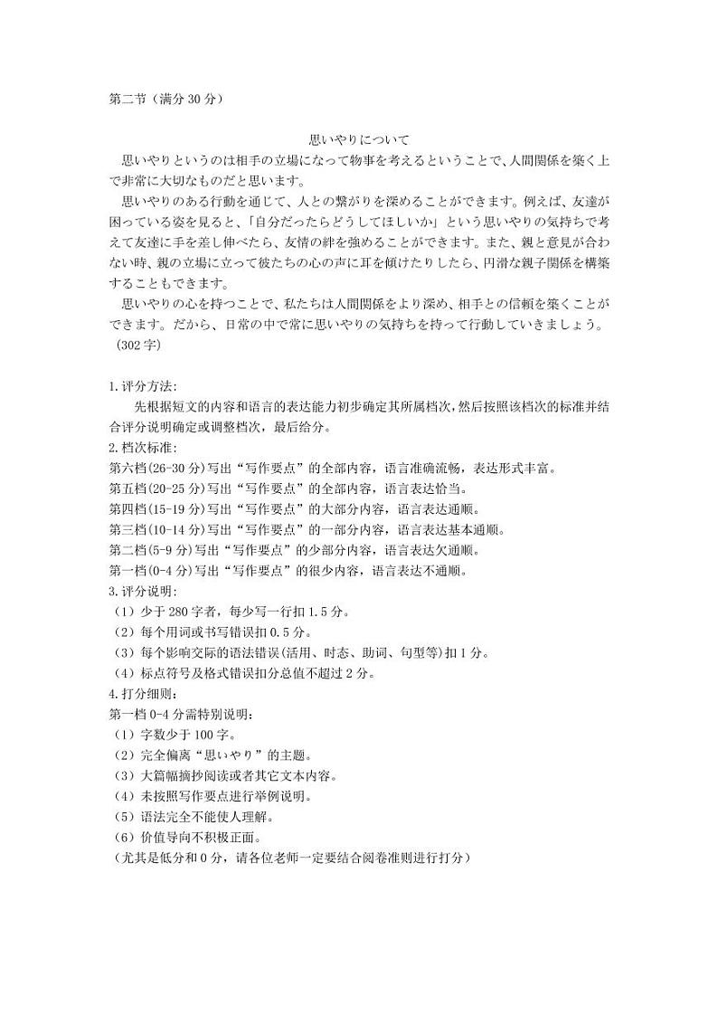 日语学科试卷参考答案和评分标准（附有听力部分录音稿）-定稿版(2)第2页