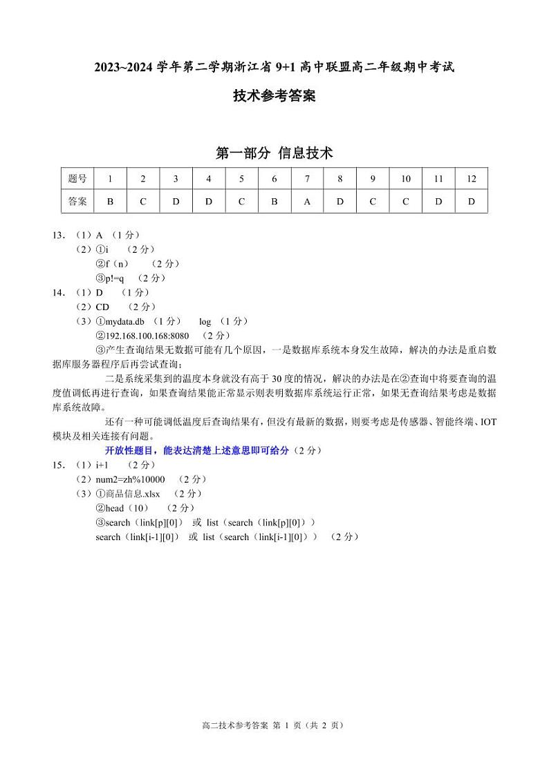 2024浙江省9+1高中联盟高二下学期4月期中考试技术PDF版含答案01