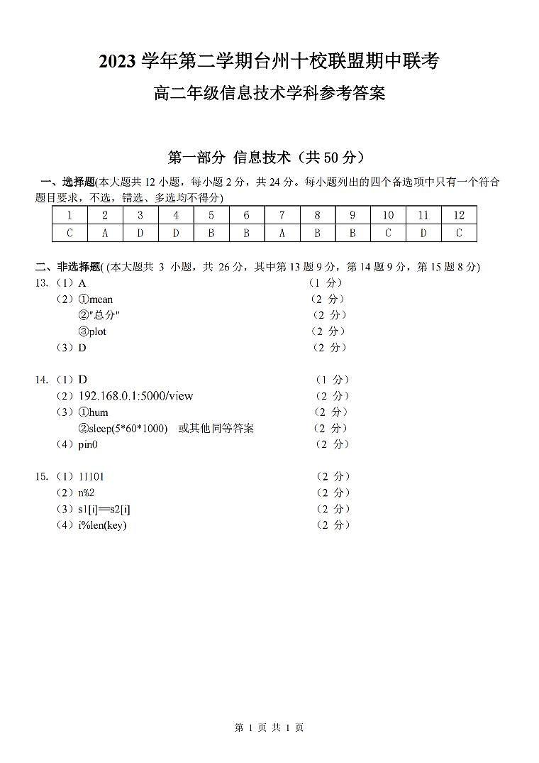 2024台州十校联盟高二下学期4月期中考试技术PDF版含答案01