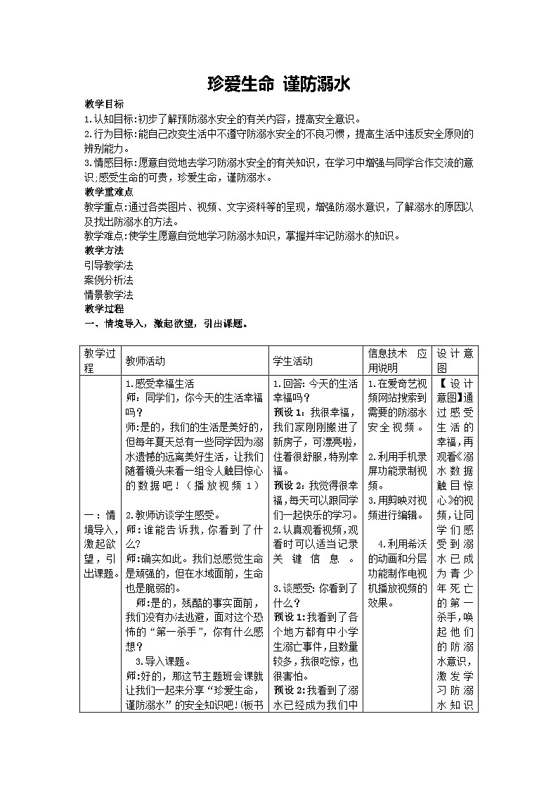 珍爱生命 谨防溺水（教学设计）2023-2024学年五年级主题班会通用第1页