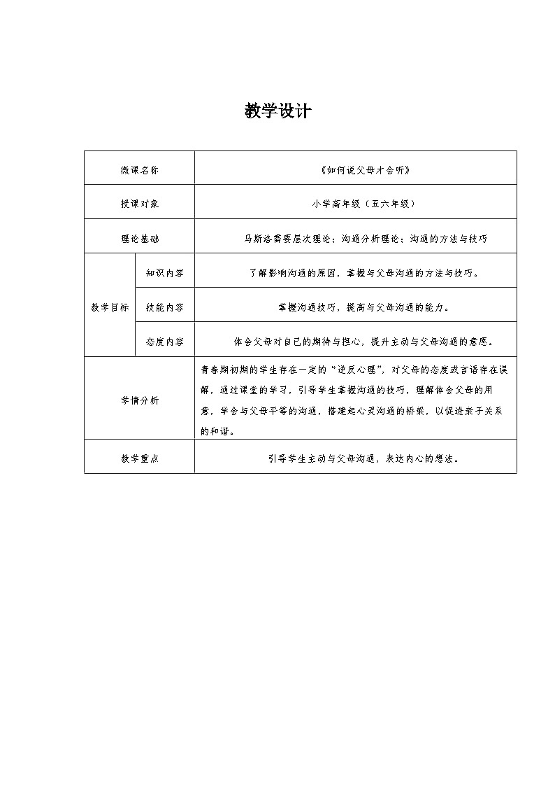 主题班会  心理健康 人际关系 小学《如何说父母才会听》教学设计01