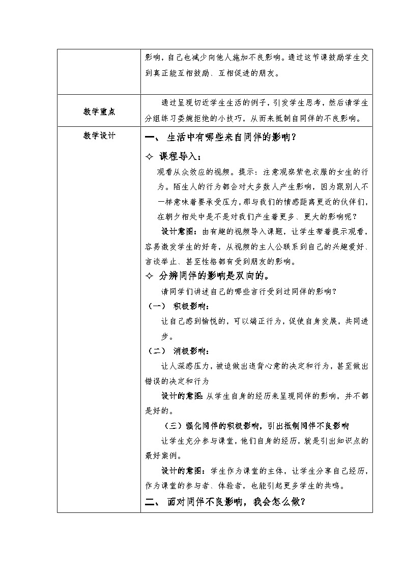主题班会 初中 心理健康 人际关系 《巧拒同伴不良影响》教学设计docx02