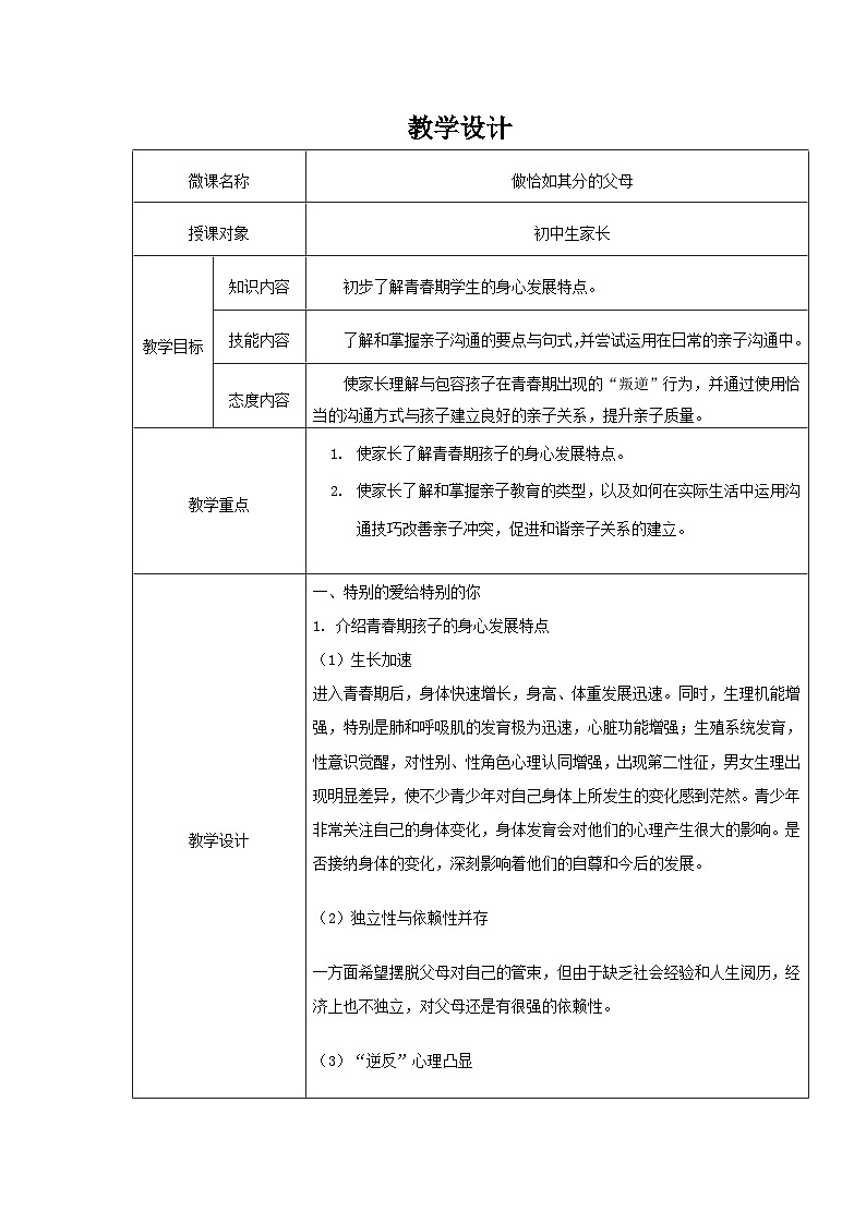 主题班会 初中 心理健康 人际关系《做恰如其分的父母》教学设计01