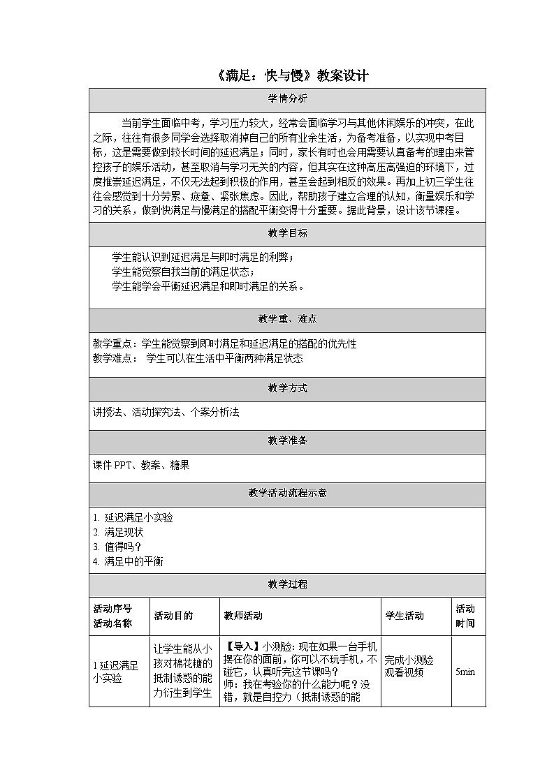 主题班会 中考考前辅导  初中《满足：快与慢》 教学设计01