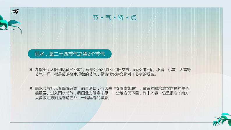 绿色清新雨水节气介绍树叶蓝色中国风渐变PPT模板第4页