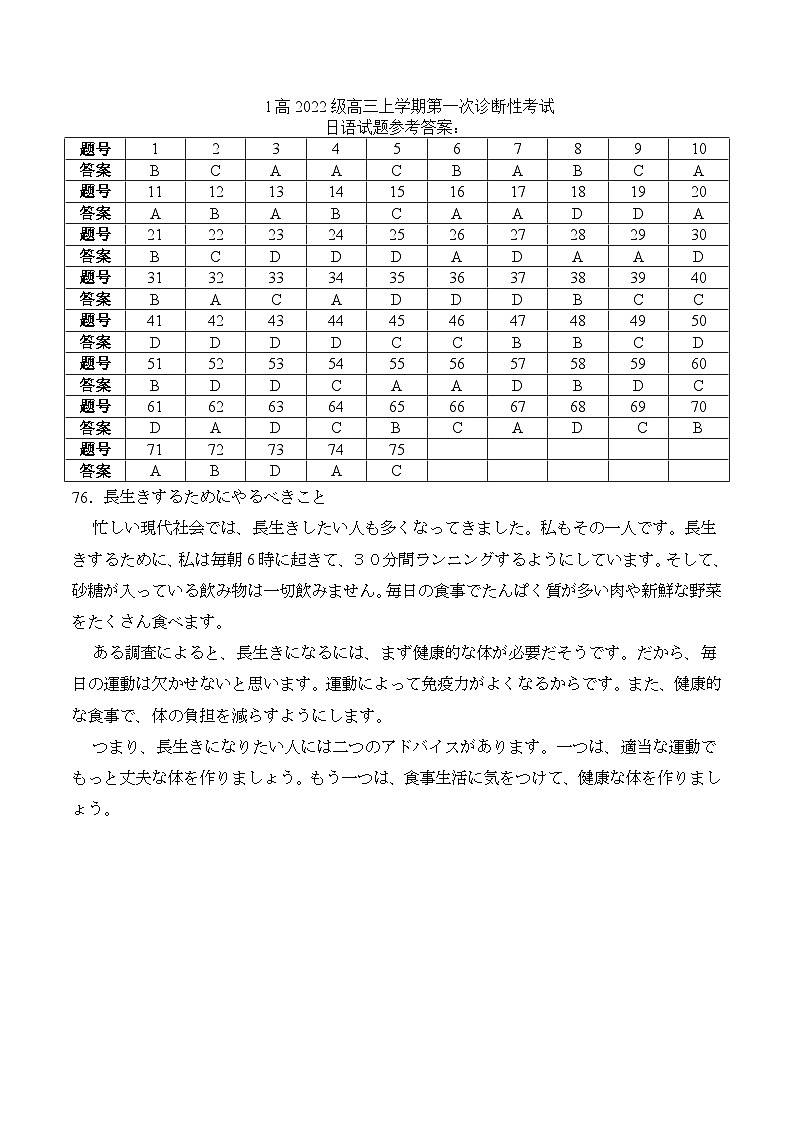 2025届四川省泸州市泸县第五中学高三一模日语试题答案第1页