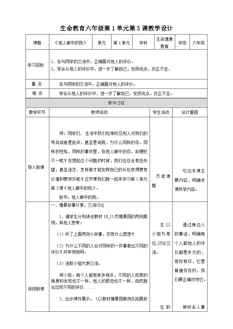 武汉版生命生态安全【武汉版】《生命安全教育》六年级 第3课《他人眼中的我》教案第1页