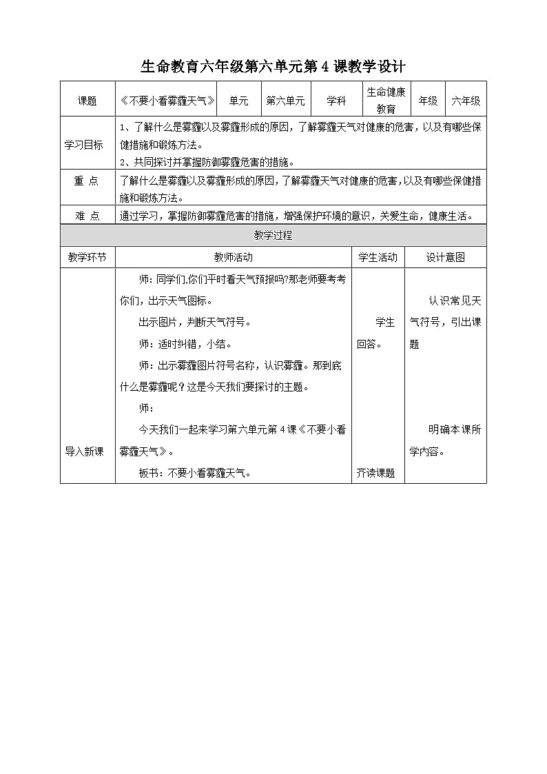 武汉版生命生态安全【武汉版】《生命安全教育》六年级 第28课《不要小看雾霾天气》教案第1页