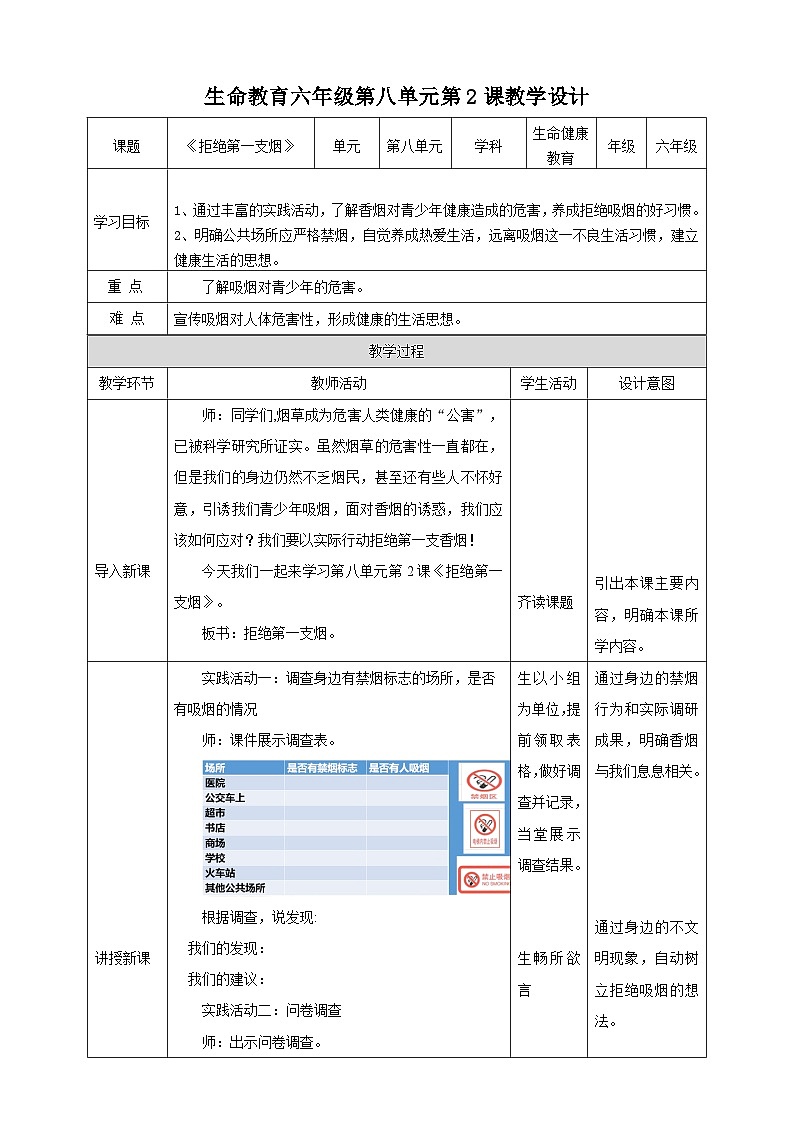 武汉版生命生态安全【武汉版】《生命安全教育》六年级 第32课《拒绝第一支烟》教案第1页