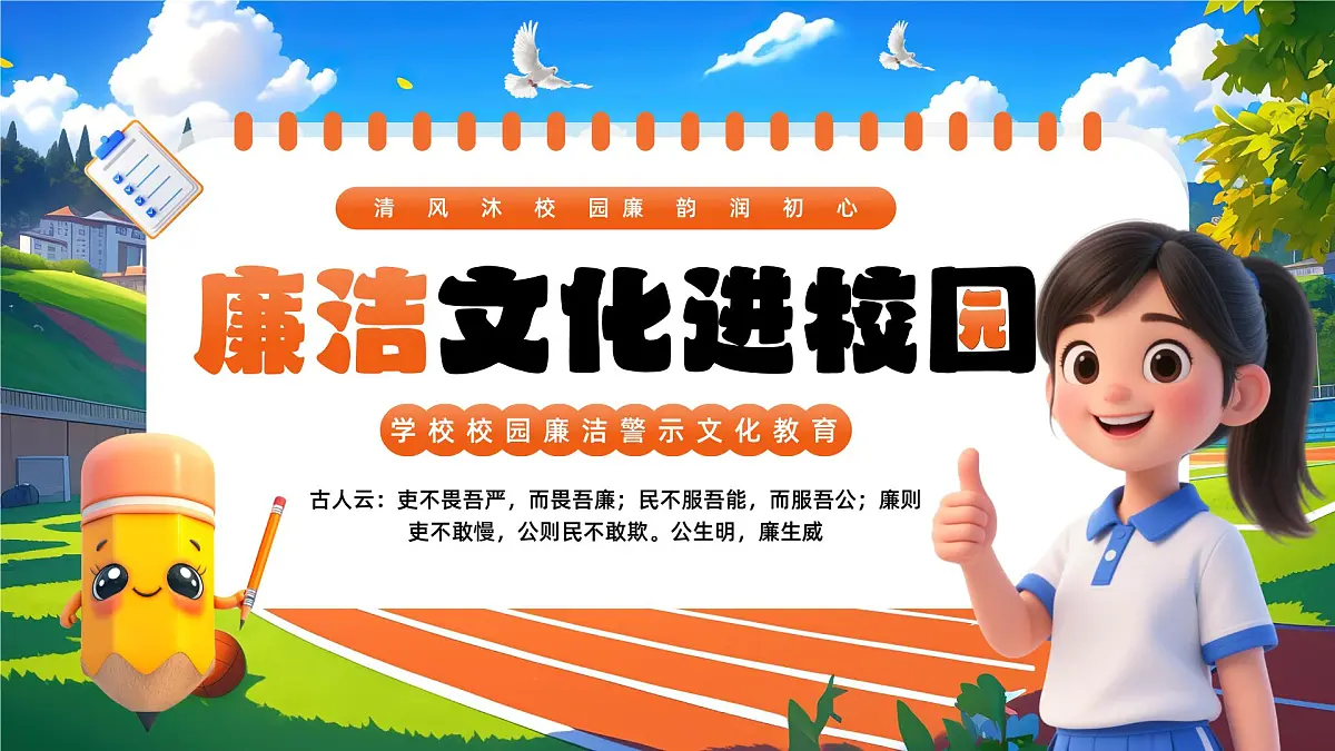 橙色卡通风廉洁文化进校园课件第1页
