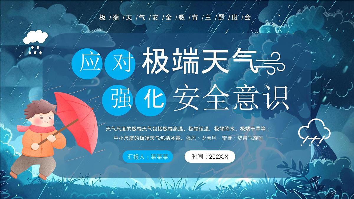 蓝色卡通应对极端天气强化安全意识课件第1页