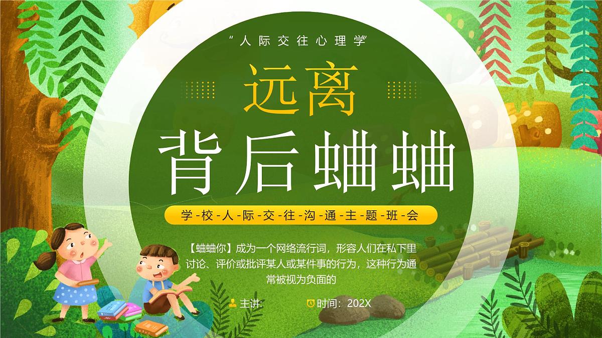 绿色卡通学校人际交往沟通主题班会远离背后蛐蛐 课件第1页