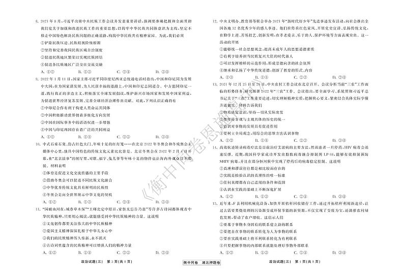 2022年湖北省普通高中学业水平等级考试模拟演练（三）政治试卷第2页