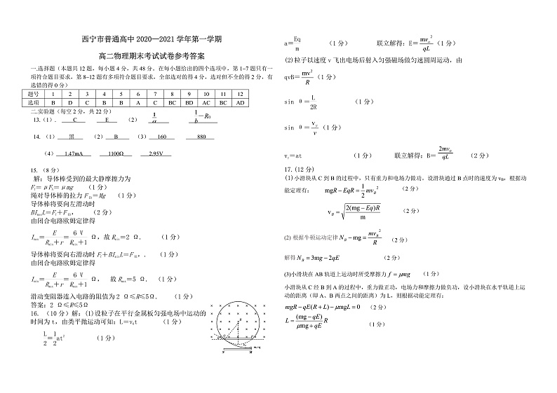 青海省西宁市普通高中五校2020-2021学年高二上学期期末联考物理参考答案第1页