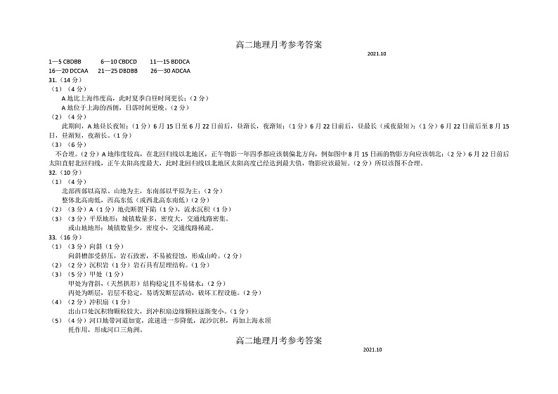 山西省芮城中学2021-2022学年高二上学期阶段性月考地理答案第1页