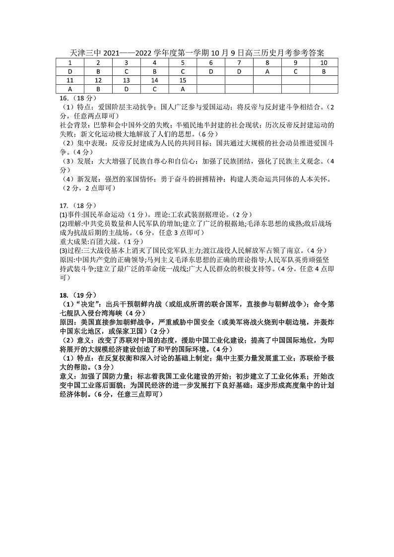 高三历史10月月考参考答案2021.10第1页