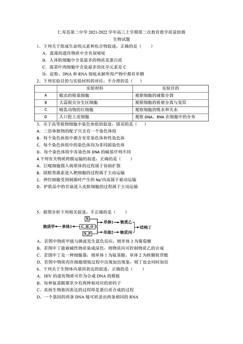 四川省仁寿县第二中学2021-2022学年高三上学期第二次教育教学质量检测（10月月考）生物试题第1页
