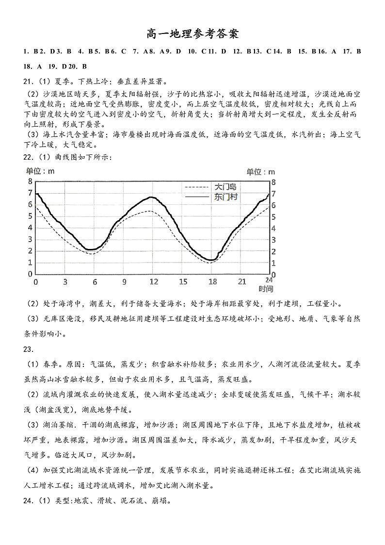 新疆维吾尔自治区疏附县第一中学2021-2022学年度高一上学期期中考试地理答案第1页