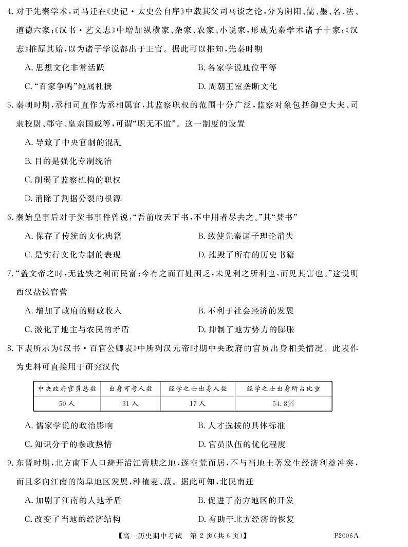 黑龙江省齐齐哈尔市五校联谊2021-2022学年高一上学期期中联考历史试题（pdf版）第2页
