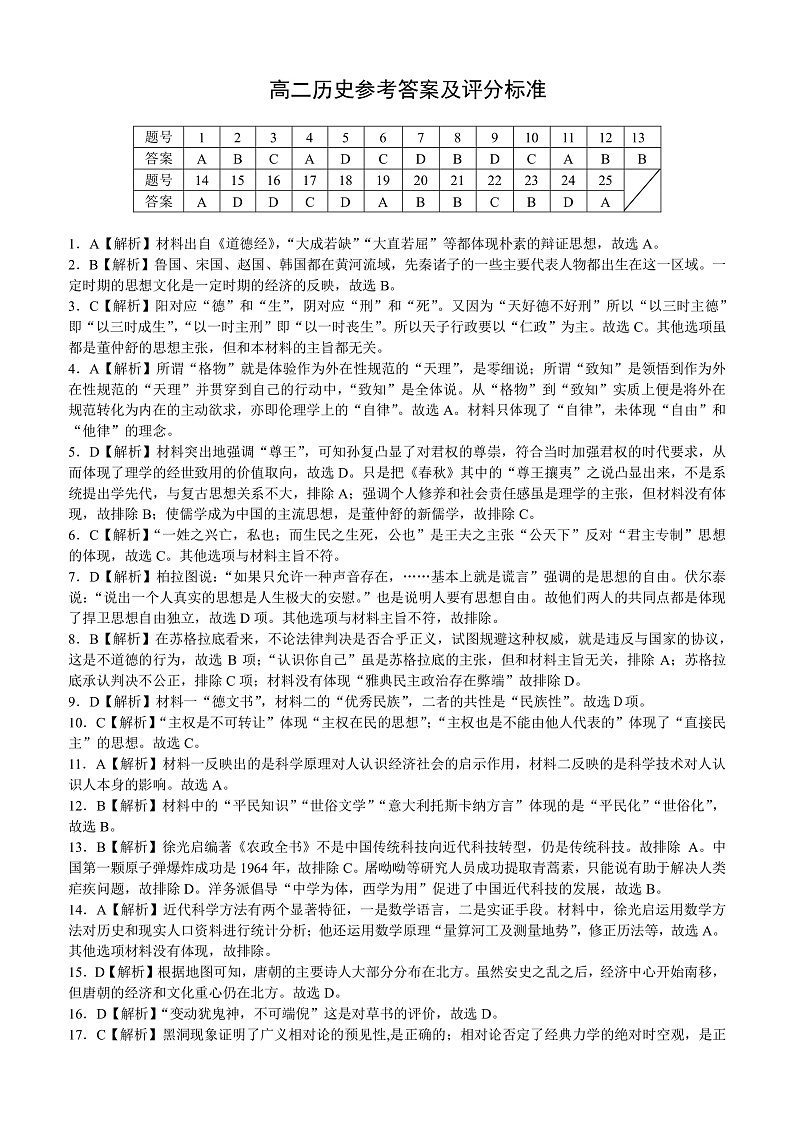 湖南省湖湘教育三新探索协作体2020-2021学年高二11联考（期中）历史答案第1页
