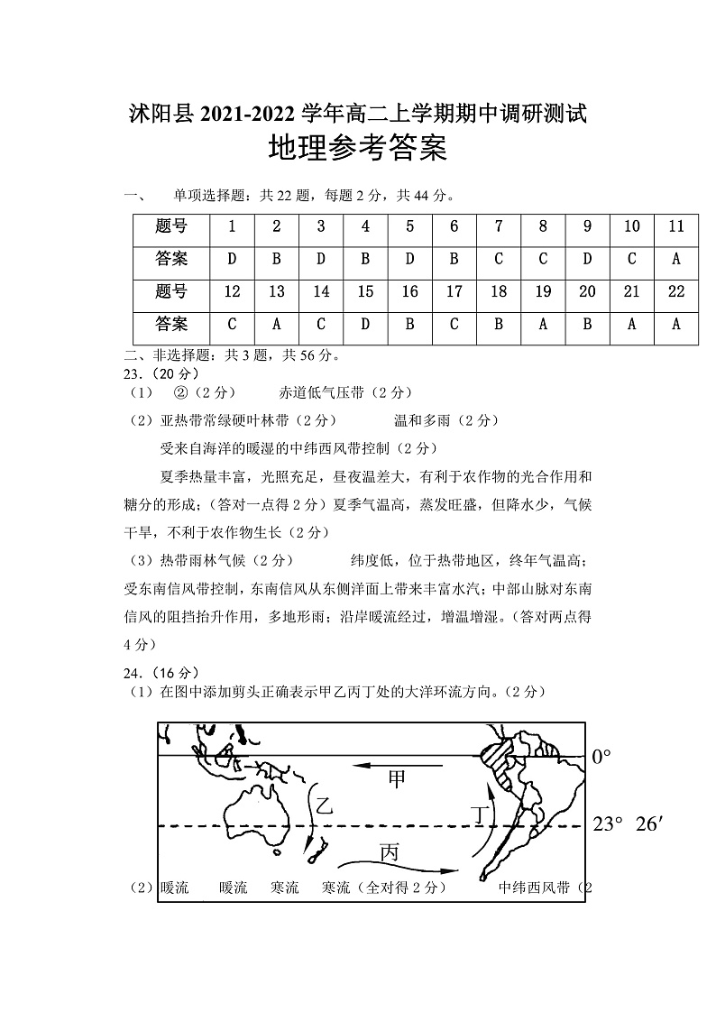 江苏省宿迁市沭阳县2021-2022学年高二上学期期中调研测试地理试题含答案01
