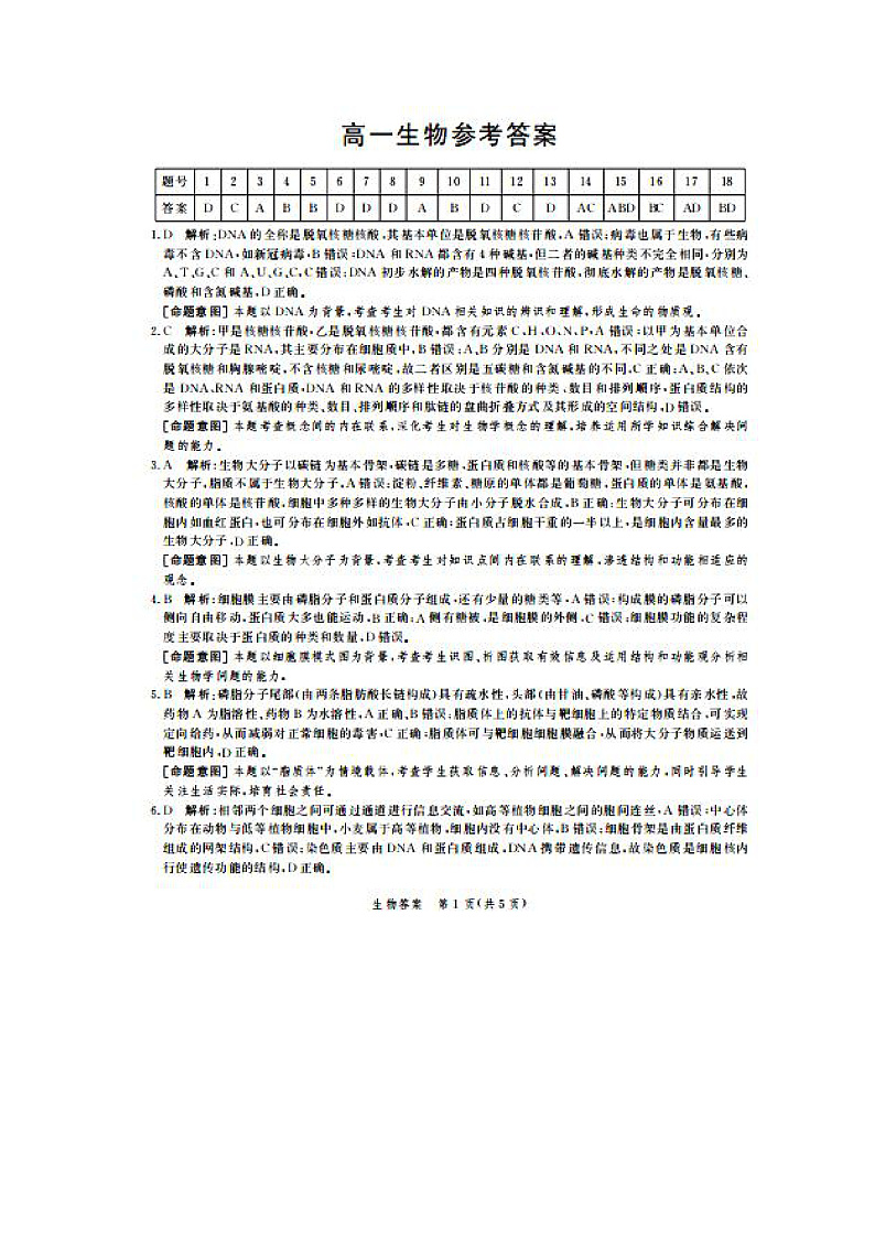 高一生物答案第1页