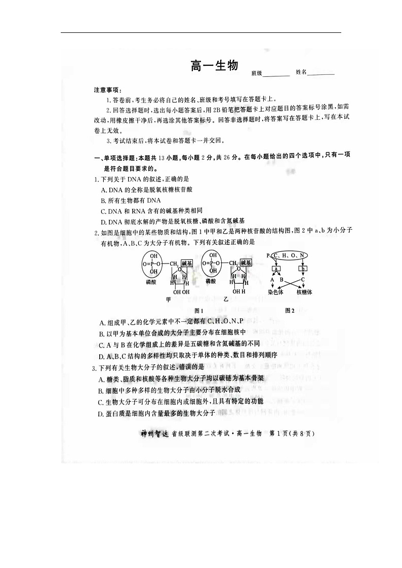 高一生物试题第1页