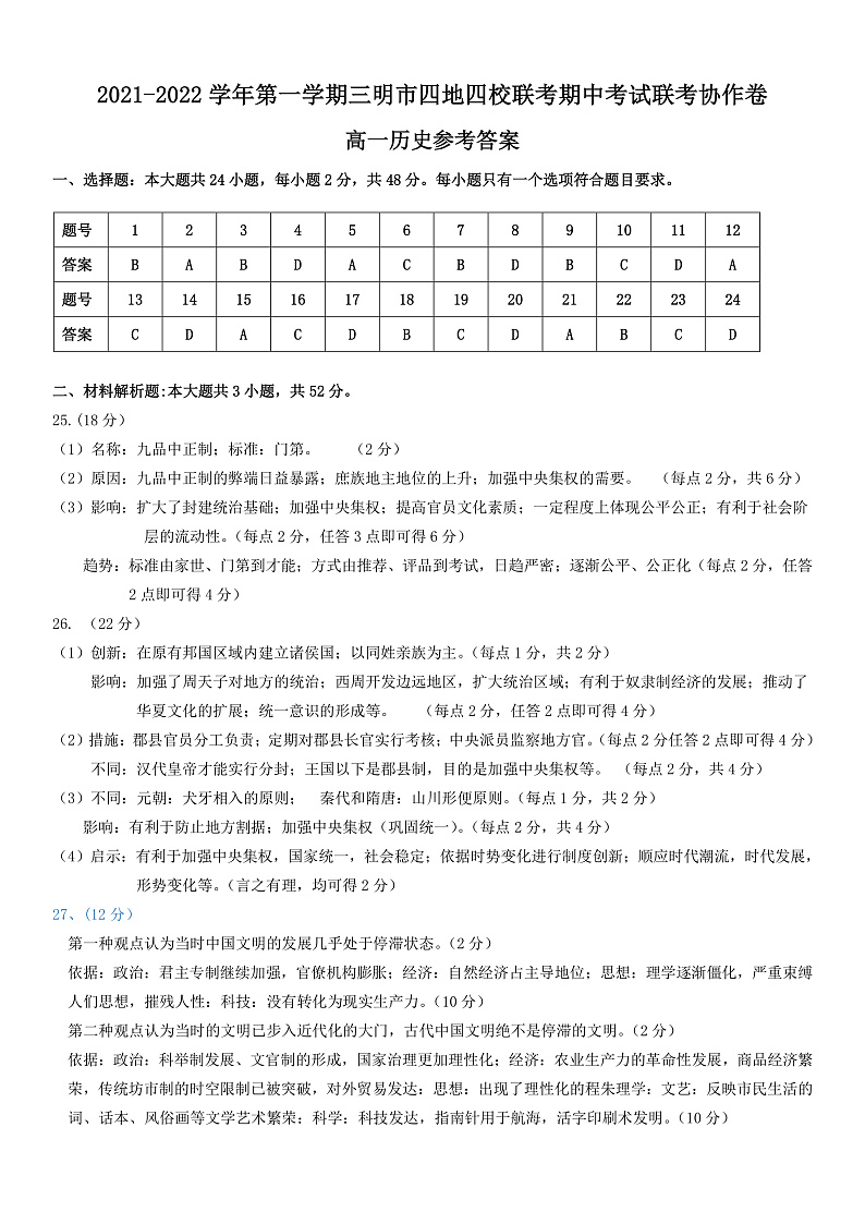 21-22学年第一学期三明市四地四校联考期中考试协作卷 高一历史.参考答案第1页