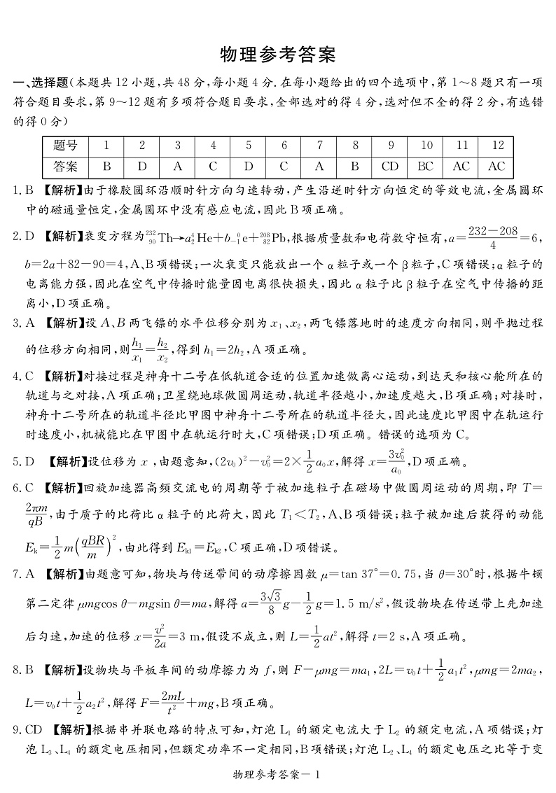 2022届河南省顶级名校高三上学期9月开学联考物理试题（PDF版）01