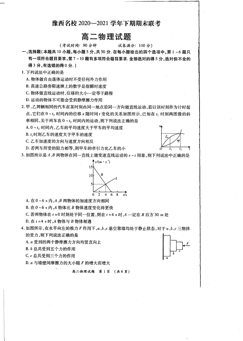 2020-2021学年河南省洛阳市豫西名校高二下学期期末联考物理试题 pdf版01