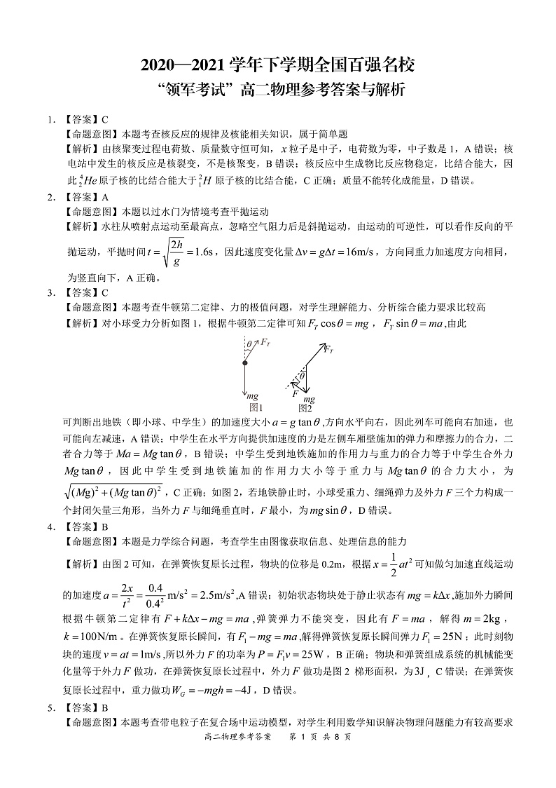 2020-2021学年河南省全国百强校领军考试高二下学期7月联考物理试题 pdf版01