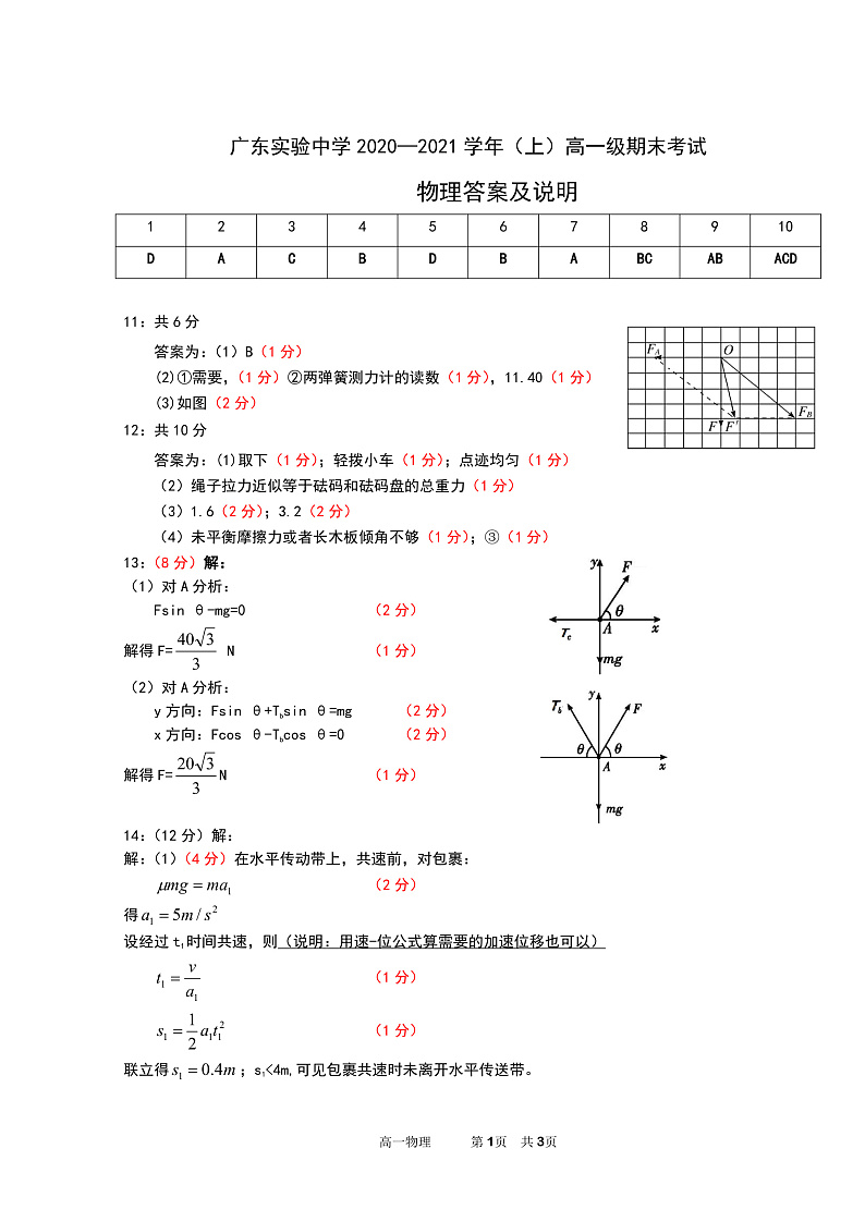 2020-2021学年广东实验中学高一上学期期末（模块二）考试 物理 PDF版练习题01
