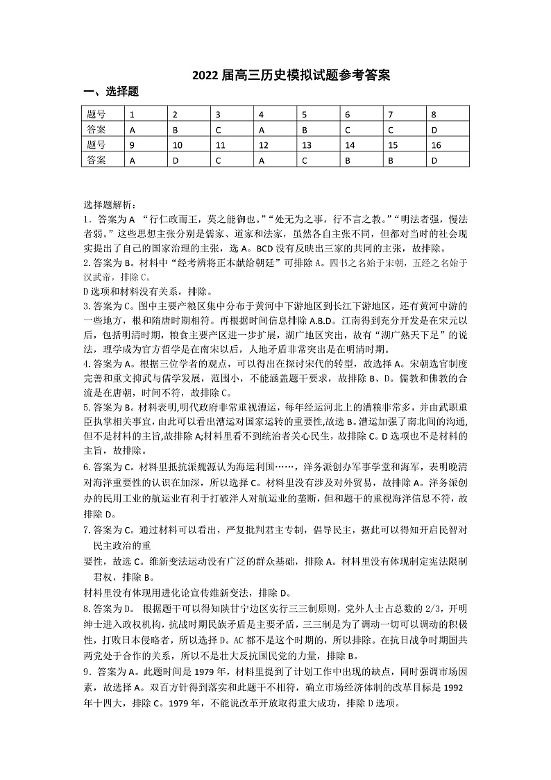 2021-2022-1高三联考12月 历史答案第1页