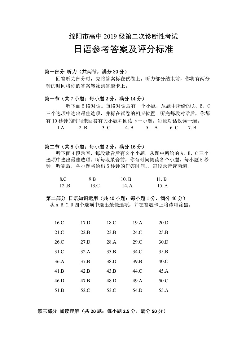 四川省绵阳市（绵阳二诊）2022届高三上学期第二次诊断性考试日语试题含听力PDF版含答案01